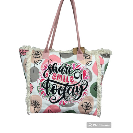 MIGLIORATA Borsa da spiaggia o da piscina grande con LEUCI stampe con la frase {HAN UN SMILE HOJE} con frange di cotone bianco, misura 55*37*19CM. contiene tasche interne e fodere. Tessuto 100% poliestere