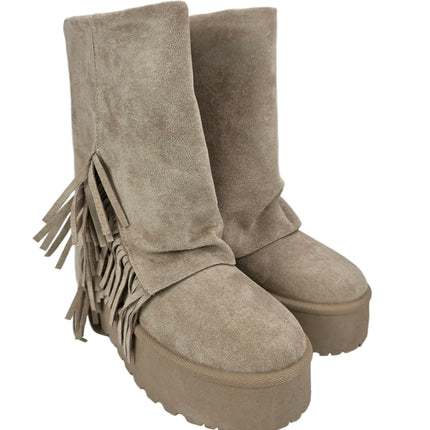Pasarela concept women's australian boots beige color casual boot suede fringe boho platform chunky track 5 cm fur lined winter