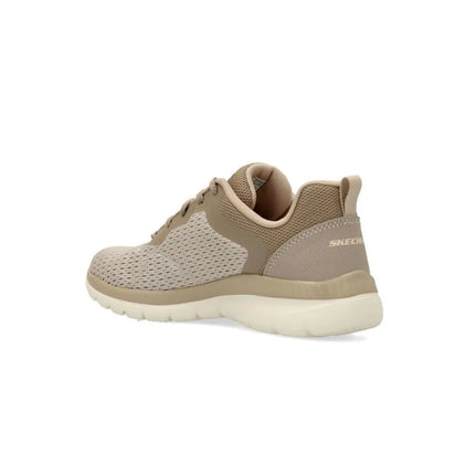 Skechers Bountiful-quick Path Women's Sneakers in Taupe, featuring breathable mesh, lightweight cushioning for all-day comfort, and a modern design perfect for any outfit. Ideal women's footwear for walking and casual wear. PlatiNum