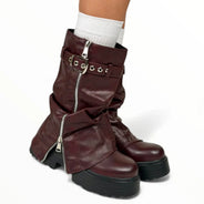 Women's platform boots with side and interior zipper, wine red color, autumn winter fashion trend, buckle adjustment, y2k comfortable and light, tulip