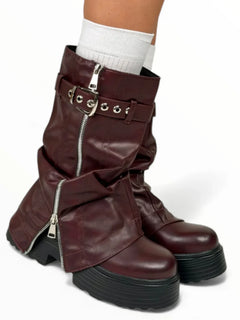 Women's platform boots with side and interior zipper, wine red color, autumn winter fashion trend, buckle adjustment, y2k comfortable and light, tulip