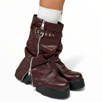 Women's platform boots with side and interior zipper, wine red color, autumn winter fashion trend, buckle adjustment, y2k comfortable and light, tulip