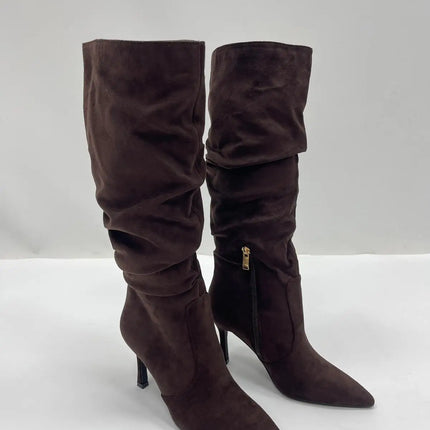 Women's brown suede stiletto heel high boots, elegant and sophisticated, modern wrinkled style-j6186