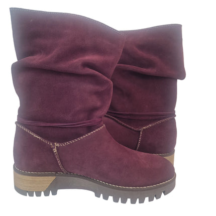 Top 3 women's mid-calf boots burgundy color casual boot suede leather made in spain slouchy style wrinkled tassels track 5 cm without zipper