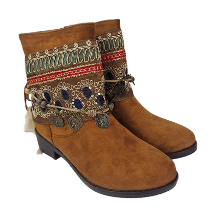 Pasarela concept women's country boots boho style 2 in 1 removable ethnic ribbon casual boot lined zipper non-slip rubber sole