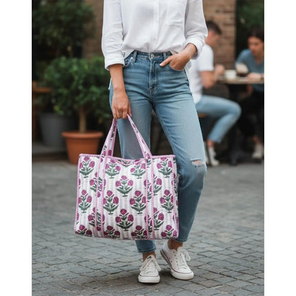 Beach bag, pool bag, padded bag with Indian floral print. Block print.