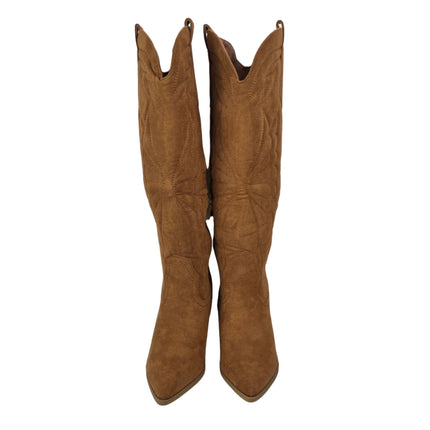 Women's high cowboy boot camel color country boots heel 8.5 cm embroidered wings suede side zipper western style runway concept