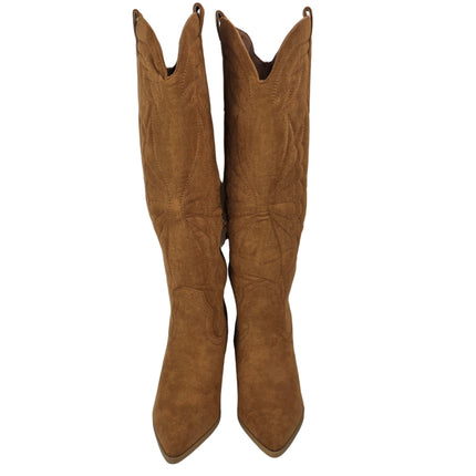 Women's high cowboy boot camel color country boots heel 8.5 cm embroidered wings suede side zipper western style runway concept