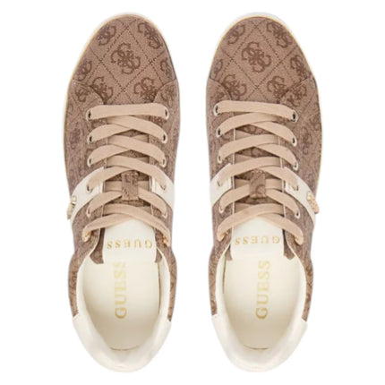 Guess Women's Beige White Britz 4G Logo Sneakers, featuring durable polyurethane upper, comfortable cotton lining, and 3 cm rubber sole, ideal for casual wear and everyday comfort.