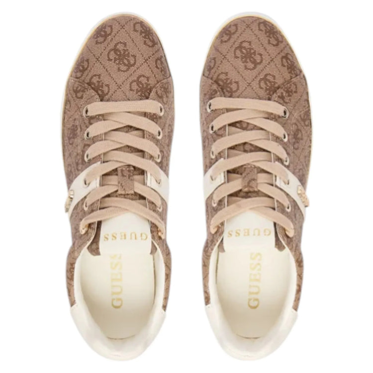 Guess Women's Beige White Britz 4G Logo Sneakers, featuring durable polyurethane upper, comfortable cotton lining, and 3 cm rubber sole, ideal for casual wear and everyday comfort.