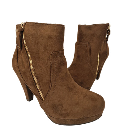 Xti hoyvoy women's high heel ankle boots camel color casual boot suede diagonal zipper cone heel 8.5 cm platform comfort leather insole