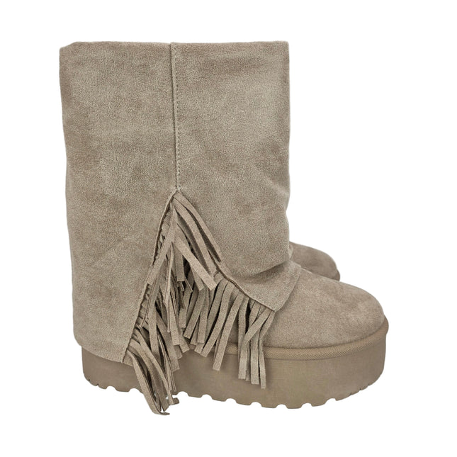 Pasarela concept women's australian boots beige color casual boot suede fringe boho platform chunky track 5 cm fur lined winter