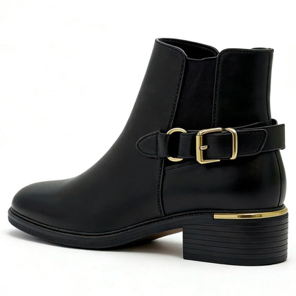 Elegant black ankle boot with side zipper and gold buckle and medium heel - lantian