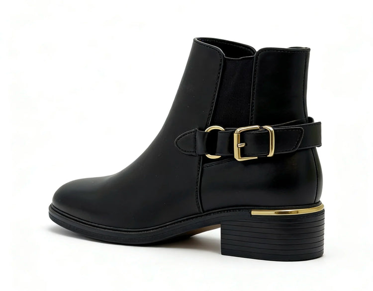 Elegant black ankle boot with side zipper and gold buckle and medium heel - lantian