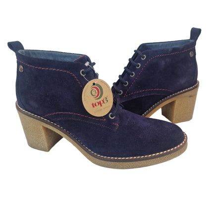 Top 3 women's heeled ankle boots navy blue casual ankle boot suede leather made in spain laces crepe sole heel 7.5 cm without zipper