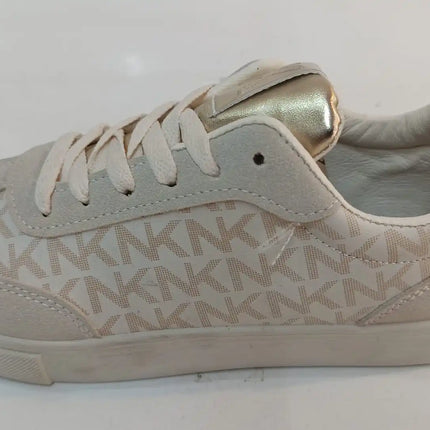 Stylish Comfortable Platform Sneakers for Women, made of synthetic material in white and light gray with a chic KMK monogram, perfect for casual wear and versatile enough to pair with jeans or dresses.