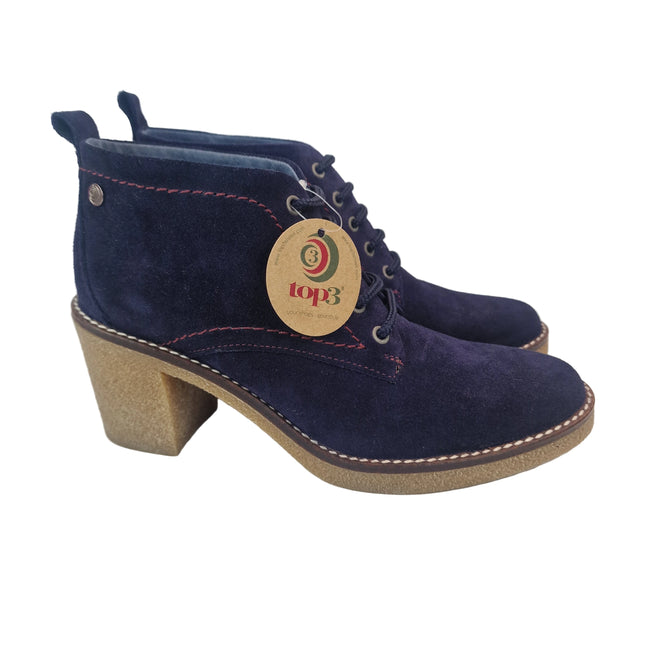 Top 3 women's heeled ankle boots navy blue casual ankle boot suede leather made in spain laces crepe sole heel 7.5 cm without zipper