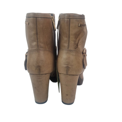 Xti hoyvoy women's high heel ankle boots taupe color casual ankle boot vegan aged synthetic leather golden buckle platform track heel 9.5 cm comfort