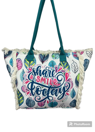 MIGLIORATA Borsa da spiaggia o da piscina grande con LEUCI stampe con la frase {HAN UN SMILE HOJE} con frange di cotone bianco, misura 55*37*19CM. contiene tasche interne e fodere. Tessuto 100% poliestere