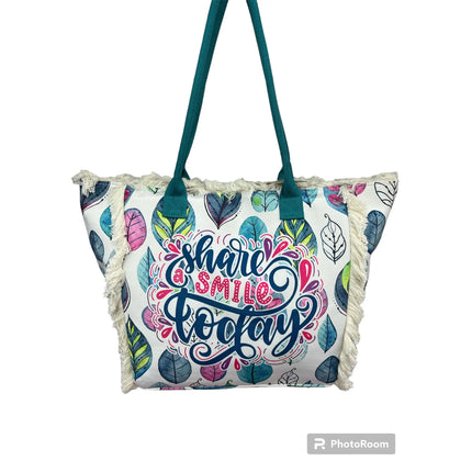MIGLIORATA Borsa da spiaggia o da piscina grande con LEUCI stampe con la frase {HAN UN SMILE HOJE} con frange di cotone bianco, misura 55*37*19CM. contiene tasche interne e fodere. Tessuto 100% poliestere
