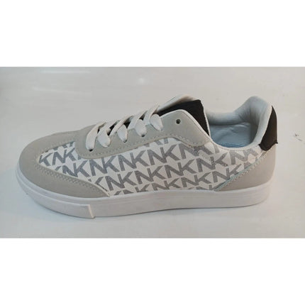 Stylish Comfortable Platform Sneakers for Women, made of synthetic material in white and light gray with a chic KMK monogram, perfect for casual wear and versatile enough to pair with jeans or dresses.