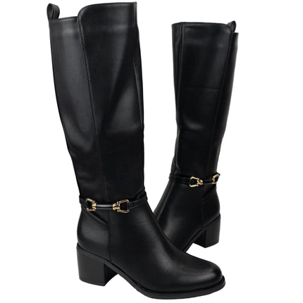 Pasarela concept women's high heel boots black color casual boot leather effect slouchy equestrian stirrup gold double elastic twin wide