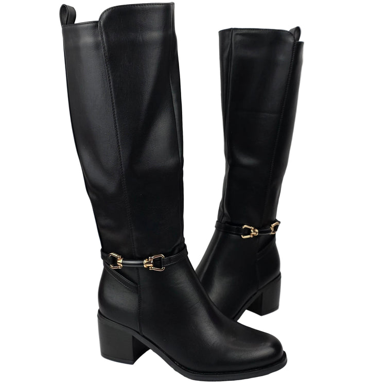 Pasarela concept women's high heel boots black color casual boot leather effect slouchy equestrian stirrup gold double elastic twin wide