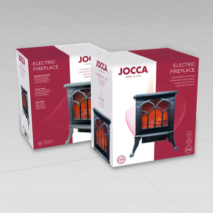Jocca 1500W Electric Fireplace Heater with PTC Technology, Adjustable Thermostat, Safety Features, and Realistic LED Flame for Instant Heating and Home Decoration