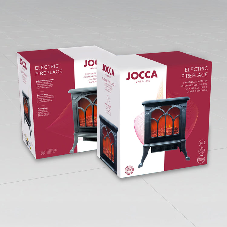 Jocca 1500W Electric Fireplace Heater with PTC Technology, Adjustable Thermostat, Safety Features, and Realistic LED Flame for Instant Heating and Home Decoration