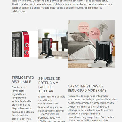 Mica Heater 2000W by Avant, fast and efficient electric radiator with adjustable thermostat, 2 power levels (1000W/2000W), modern safety features including overheating protection and anti-tip design, ideal for home heating.