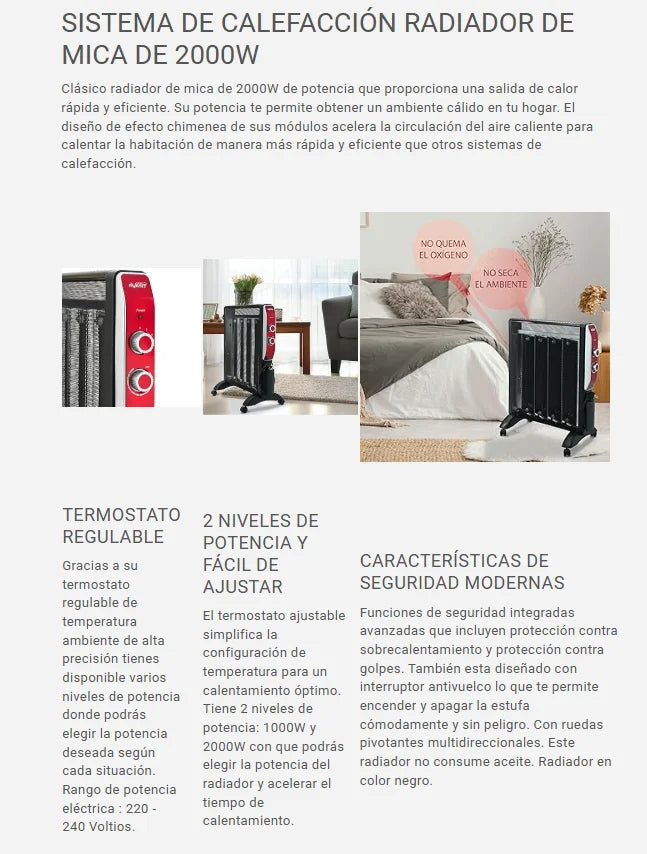 Mica Heater 2000W by Avant, fast and efficient electric radiator with adjustable thermostat, 2 power levels (1000W/2000W), modern safety features including overheating protection and anti-tip design, ideal for home heating.