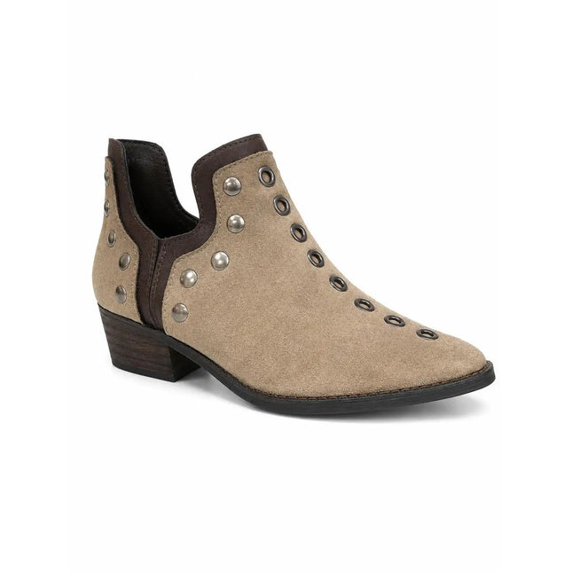 Black suede ankle boots for women with gold studs, low heel, fine toe and side zipper
