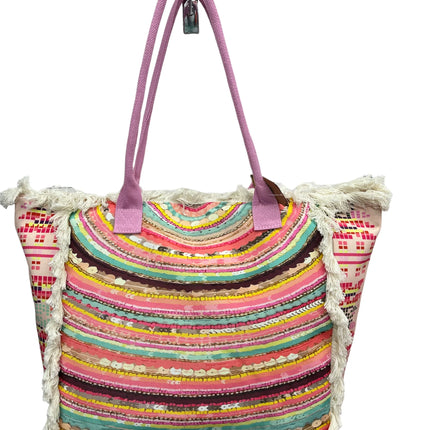 MIGLIORATA Borsa grande da spiaggia o piscina con stampe originali e frange di nappine in cotone bianco, dimensioni 55*37*19 cm. Dotata di tasche interne e fodera. Tessuto 100% poliestere.