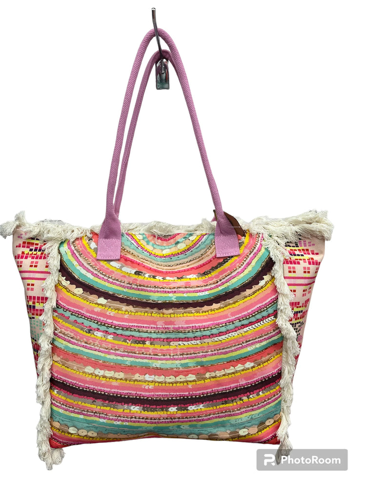 MIGLIORATA Borsa grande da spiaggia o piscina con stampe originali e frange di nappine in cotone bianco, dimensioni 55*37*19 cm. Dotata di tasche interne e fodera. Tessuto 100% poliestere.