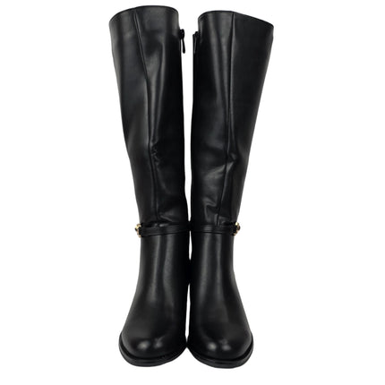 Pasarela concept women's high heel boots black color casual boot leather effect slouchy equestrian stirrup gold double elastic twin wide