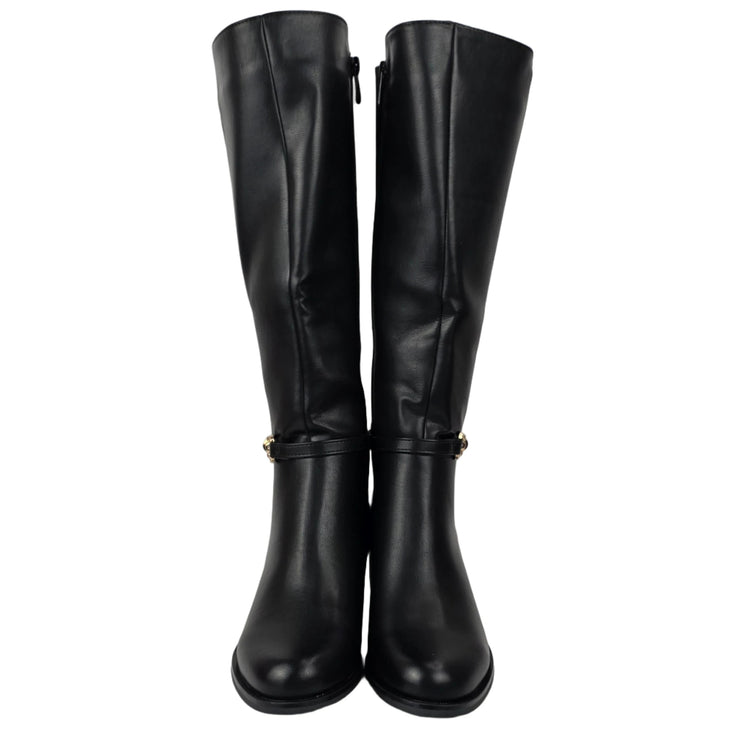 Pasarela concept women's high heel boots black color casual boot leather effect slouchy equestrian stirrup gold double elastic twin wide