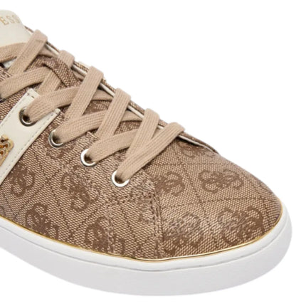 Guess Women's Beige White Britz 4G Logo Sneakers, featuring durable polyurethane upper, comfortable cotton lining, and 3 cm rubber sole, ideal for casual wear and everyday comfort.