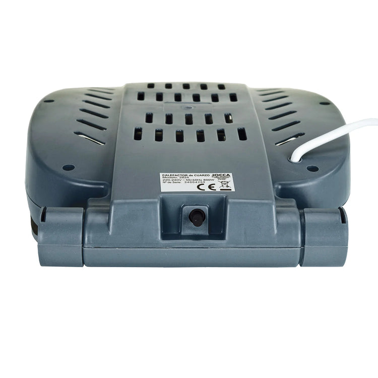 Halogen electric heater Jocca with quartz bars, ideal for small rooms like offices, bathrooms, or kitchens; 800W power, compact, foldable design, and includes safety features like a tip-over switch and a safety grid.