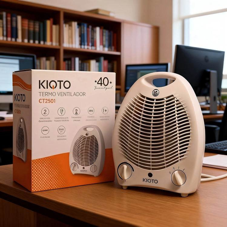 Portable Electric Heater CT2501 by hola led, 1000/2000W, features overheating and tilt safety, compact design (25 x 15 x 30 cm), lightweight (1.8 kg), perfect for bedrooms, offices, and small apartments.