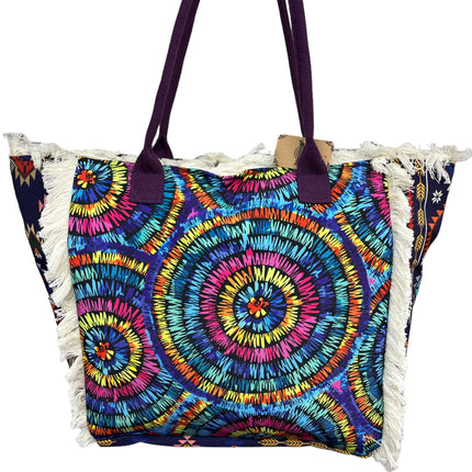 MIGLIORATA Borsa grande da spiaggia o piscina con stampe originali e frange di nappine in cotone bianco, dimensioni 55*37*19 cm. Dotata di tasche interne e fodera. Tessuto 100% poliestere.
