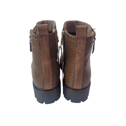 Xti track ankle boots women color brown casual military boot serrated sole microfiber snake engraving fur lining zipper comfort pasarela concept
