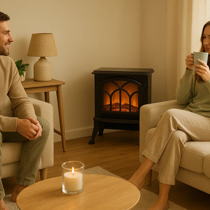 Jocca 1500W Electric Fireplace Heater with PTC Technology, Adjustable Thermostat, Safety Features, and Realistic LED Flame for Instant Heating and Home Decoration