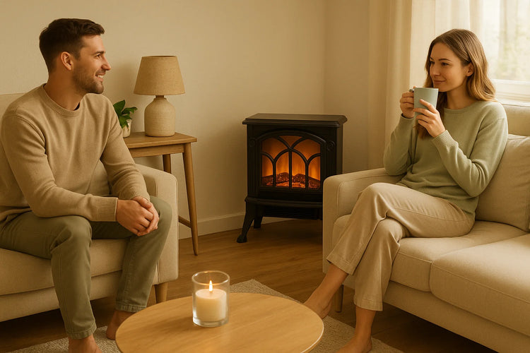 Jocca 1500W Electric Fireplace Heater with PTC Technology, Adjustable Thermostat, Safety Features, and Realistic LED Flame for Instant Heating and Home Decoration