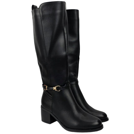 Pasarela concept women's high heel boots black color casual boot leather effect slouchy equestrian stirrup gold double elastic twin wide