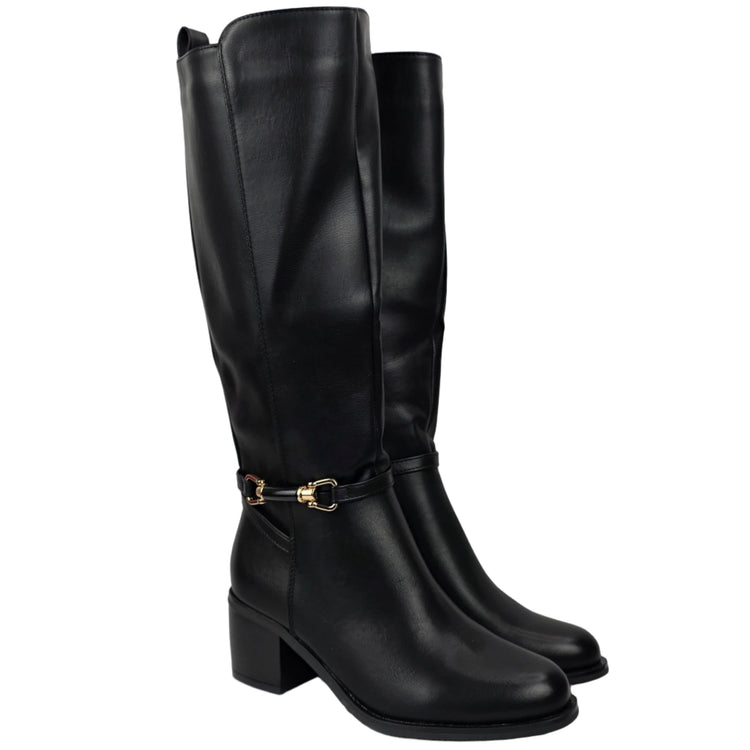 Pasarela concept women's high heel boots black color casual boot leather effect slouchy equestrian stirrup gold double elastic twin wide