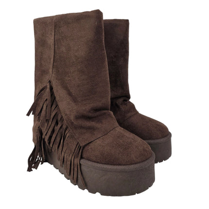 Pasarela concept women's australian boots brown color casual boot suede fringe boho chunky track platform 5 cm fur lined winter
