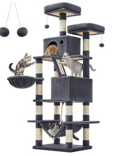 Albero per gatti Feandrea, L, Torre per gatti alta 168 cm con 13 pali, 2 piattaforme, 2 grotte, cestino, amaca, pompon, tiragraffi multilivello per gatti di taglia grande, grigio antracite/beige/bianco crema/grigio chiaro/ros
