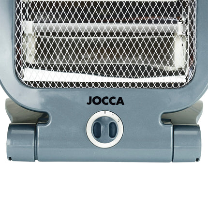 Halogen electric heater Jocca with quartz bars, ideal for small rooms like offices, bathrooms, or kitchens; 800W power, compact, foldable design, and includes safety features like a tip-over switch and a safety grid.
