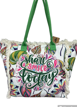 MIGLIORATA Borsa da spiaggia o da piscina grande con LEUCI stampe con la frase {HAN UN SMILE HOJE} con frange di cotone bianco, misura 55*37*19CM. contiene tasche interne e fodere. Tessuto 100% poliestere