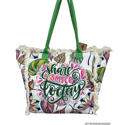 MIGLIORATA Borsa da spiaggia o da piscina grande con LEUCI stampe con la frase {HAN UN SMILE HOJE} con frange di cotone bianco, misura 55*37*19CM. contiene tasche interne e fodere. Tessuto 100% poliestere